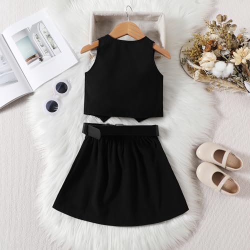 Kids Girls Summer 2 Piece Outfits Solid Color Sleeveless Button Vest Tank Tops+Pleated Skirt with Belt Clothes Set3
