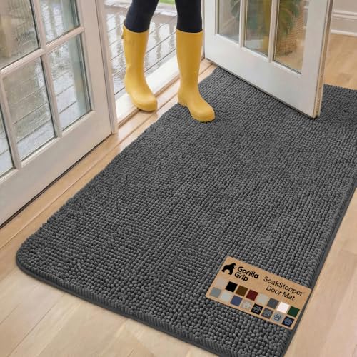 Image of GORILLA GRIP SoakSTOPPER Dog Door Mat, 60x36 Machine Washable Rug Absorbent Doormat Captures Moisture Mud Dirt, Quick Dry Soft Chenille Entryway Rugs Indoor Entrance Mats for Dog Paws, Charcoal