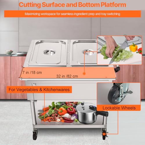 Image of VEVOR Commercial Electric Food Warmer, 2-Pot Steam Table Food Warmer, Features 0-100℃ Adjustable Temp, Movable Professional Stainless Steel Table with ETL Certification for Catering and Restaurants
