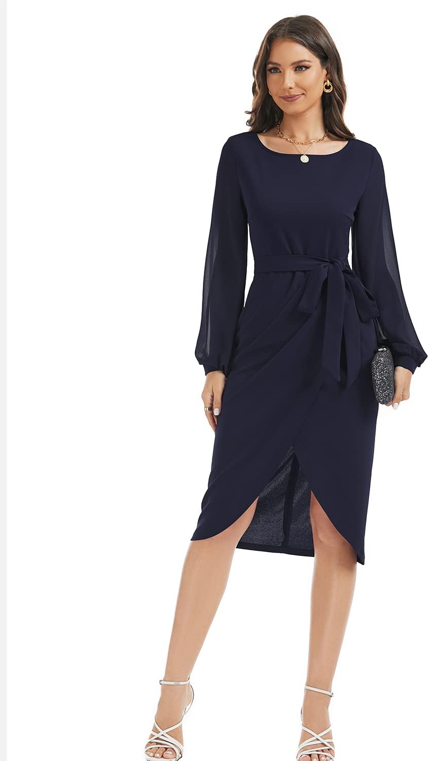 HELYO Women's Elegant V-Back Chiffon Long Sleeve Sheath Dresses Belted Ruched Casual Work Cocktail Party Midi Dress - Image 4