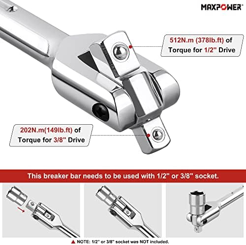 MAXPOWER Extendable Breaker Bar, Telescopic Breaker Bar 360°Flex Head Cheater Bar with Dual Drive 1/2 Inch & 3/8 Inch, 340mm-485mm Length Adjustment