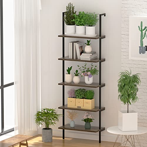 5-Tier Industrial Ladder Shelf Rustic Wall Mounted Metal Frame Bookshelf, Multi-Use Open Shelf For Storage Organizer Plants Rack For Office And Home, Living Room, Bedroom #TOP3