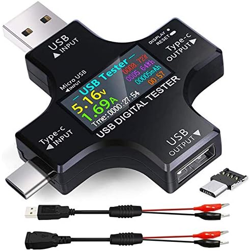 Gaetooely USB C Tester,2 in 1 Type C USB Tester Color Screen IPS Digital Multimeter,Voltage,Current,Power,Resistance,Temperature,with Clip Cable Support PD2.0/PD3.0,QC2.0