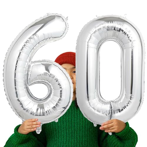 Image of Number Balloons Silver Party Balloon - Giant Number 60 Balloon, 40 Inch Large Balloon for 60th Birthday Decorations, Silver Party Supplies for Anniversary