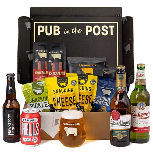 Serious Pig Beer Gift Set with 4 Lagers 10 Pub Snacks Glassware Hawkstone Camden Town Pilsner Urquell Budvar 15 Pack