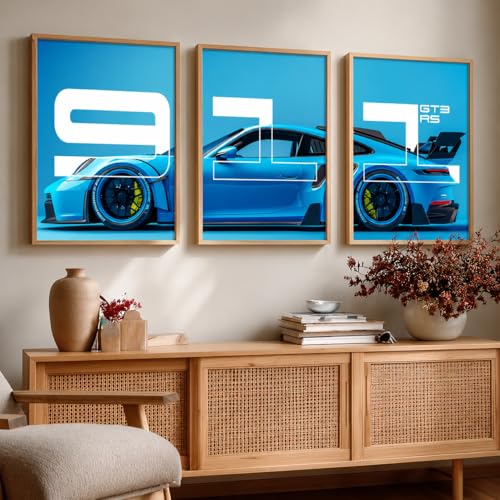 Image of HOMESY Sports Cars Framed Posters Gift Items for Boys Room | Wall Decoration for Bedroom Living Room Office Gaming Room Decor | Sports Cars Poster with Frame for Wall Decor Set Of 3 Size (13x17 inch, BROWN)