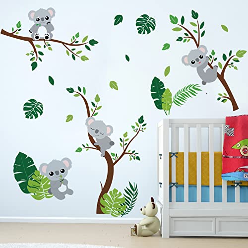 Image of Runtoo Koala Wall Decals Animal Palm Tree Leaves Wall Stickers for Girls Bedroom Kids Nursery Wall Decor