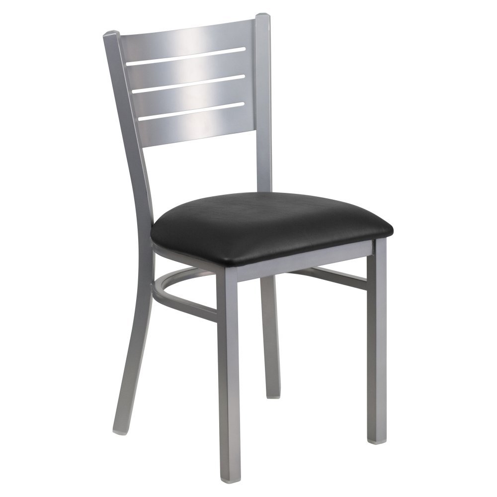 Flash Furniture HERCULES Series Silver Slat Back Metal Restaurant Chair - Black Vinyl Seat