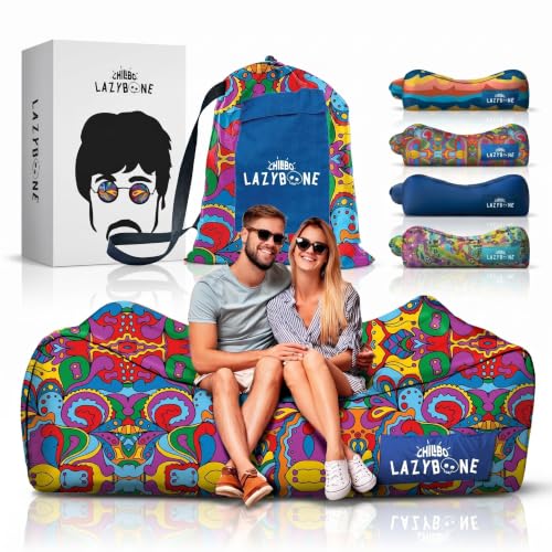 Chillbo Inflatable Couch – Unique Designs – No-Pump Setup, Ripstop Polyester, Stability Pegs, Fun Prints – Portable Air Inflatable Lounger for Beach, Camping, Festivals, and Tailgating