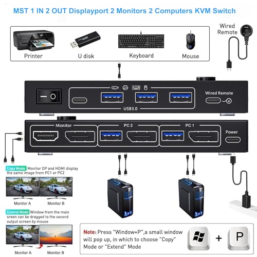 Image of MST Displayport Splitter KVM Switch Dual Monitor 2 Monitors 2 Computers | 2 Port DisPlayport 2 In 2 Out 1 DP IN 2 Screens OUT Max Single 8K@30Hz /Dual 4K@100Hz USB 3.0 with Wired Remote Controller