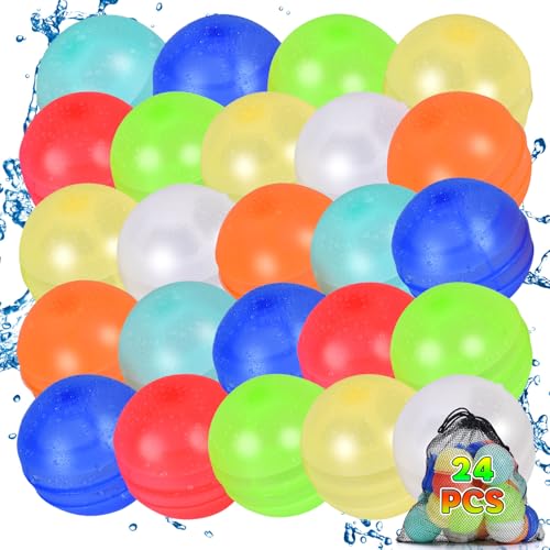 24PCS Reusable Water Balloons, Self-Sealing Silicone Water Bomb with Mesh Bag, Refillable Water Balls for Boys and Girls, Outdoor Summer Water Toys Pool Beach Park Yard