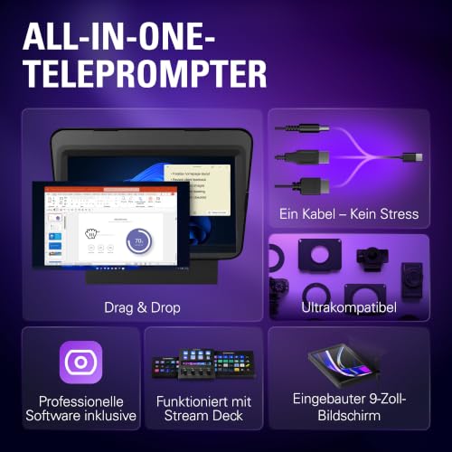 Elgato Prompter – Teleprompter mit integriertem Bildschirm für YouTube, Twitch, Zoom, Teams und mehr, unterstützt DSLR/Webcam/Smartphone, Drag&Drop-Monitoranzeige, funktioniert mit Mac/PC&Stream Deck