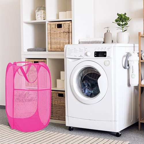 Image of 2 Pack Sturdy Mesh Pop up Laundry Hamper Basket with Side Pocket for Laundry Room, Bathroom, Kids Room, College Dorm or Travel Blush