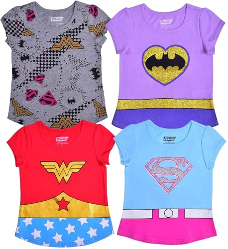 DC Comics Justice League Girls 4 Pack Short Sleeve T-Shirt for Toddlers and Big Kids