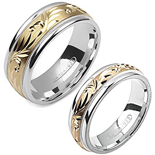 two-tone sterling silver & 10K yellow gold 6 millimeters & 8 millimeters wide wedding band set him and her2