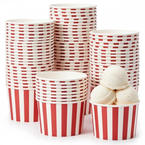 Image of Zopeal 50 Count Red and White Striped Ice Cream Cups Paper Dessert Bowls