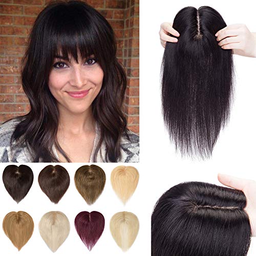 S-noilite Human Hair Toppers 130% Density Hand Made Silk Base Clip in Topper Top Hair Pieces For Women with Thinning Hair Short Hair Cover Gray Hair 10Inch 35g-Natural Black