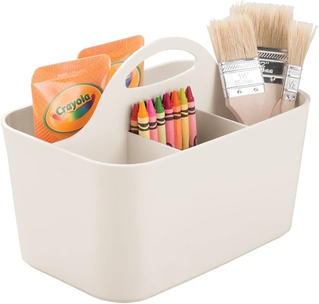 mDesign Art Supplies Organiser Practical Plastic Arts and Crafts Storage Box with Carrying Handle Desk Organiser with Compartments for Storing Many Items Light Grey