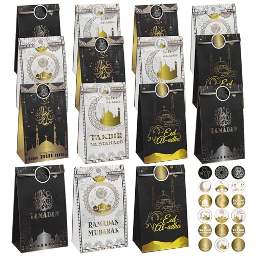 Homgaty 15 sacchetti Ramadan, sacchetti regalo Eid Mubarak, sacchetti di carta con adesivi, sacchetti di carta kraft, sacchetti per caramelle, confezioni regalo per bambini, decorazione musulmana