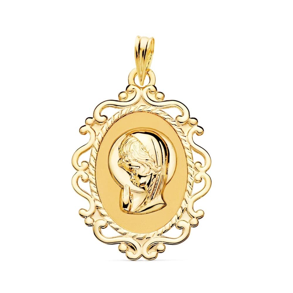 Virgen Niña medalla oro 18k Primera Comunión colgante 31mm. ovalada borde detalles calados - Personalizable - GRABACIÓN INCLUIDA EN EL PRECIO