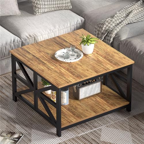 GreenForest Modern Living Room Coffee Table with 2 Tier Storage, Small Square Wood and Metal Farmhouse Center Table with Seamless One-Piece Tabletop, 27.55 Inch, Walnut
