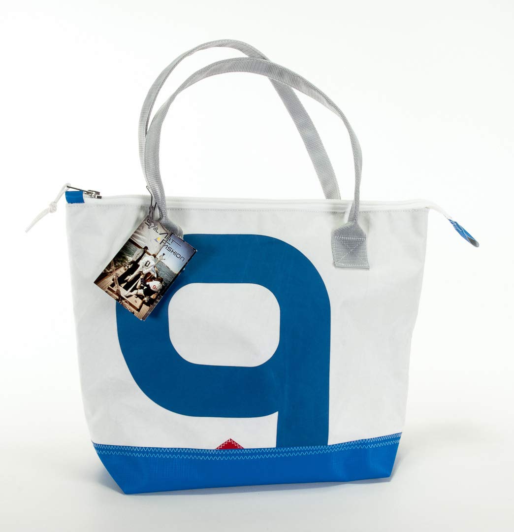 Shopper No. 21 - Bolsa de la compra de lona, diseño único SailArt Fashion, Blanco/Azul Marino, 34cm x 32cm x 15cm (HxBxL)