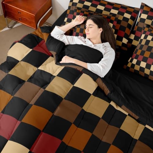Image of Feelyou Checkered Retro Comforter Set with Sheets 7 Piece Twin Size Brown Red Black Plaid Bed in a Bag Kids Boys Girls Geometric Vintage Bedding Set Modern Simple Groovy Aesthetic Bedroom Decor Soft