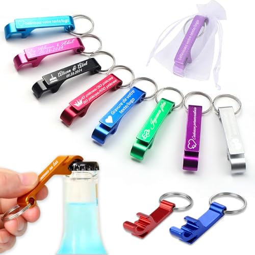 10-100 Décapsuleur Personnalisé et Personnalisable Coloré avec Porte-Clés - Cadeau Invité Mariage avec Gravure Logo/Text - Idéal pour Bar, Maison,...