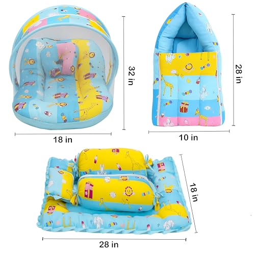 Image of Fareto Combo of Baby Bed with Net | Carry Bag | 4 Pcs Bedding Set (0-6 Months, Baby Size, Cotton) (Blue Giffi)