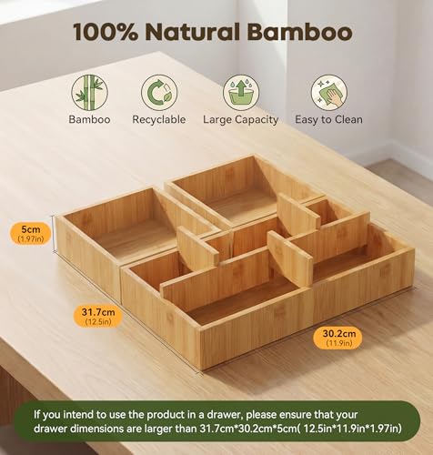 KOCWELL Bamboo Desk Drawer Organizer with Removable Dividers,Multi-Use Office Drawer Organizer Tray,Junk Drawer Organizers for Office,School,Kitchen,Makeup Supply(Original) - image 3