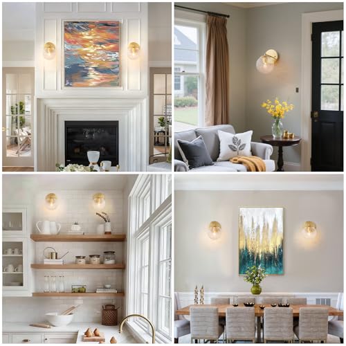 Image of Gold Wall Sconces Set of 2 Vintage Bathroom Wall Lamp 2 Pack Glass Globe Wall Light Vanity Hardwired Wall Mounted Lighting for Bedroom Living Room Hallway Stairs Kitchen (5.12in, E12)