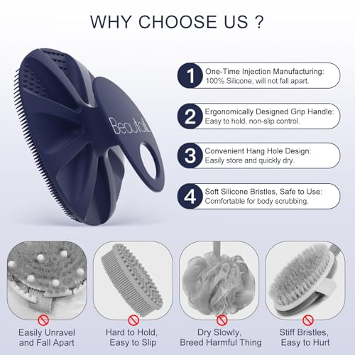 Image of Silicone Body Scrubber Shower Bath Wash Brush Gentle Exfoliating Scrub Cleansing Loofah for Women Men Baby Sensitive Skin, Easy to Clean, Lather Nicely, More Hygienic, 1 Pack, Blue