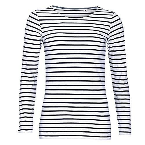 Sols Damen Marine T-Shirt, gestreift, langärmlig (M) (Weiß/Marineblau)