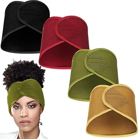 Haysandy Hairband, 4 Pieces Mesh Hair Wrap for Black Women - Face Wash Makeup Hair Accessories Headbands (Black, Wine Red, Khaki, Light Green) Cover