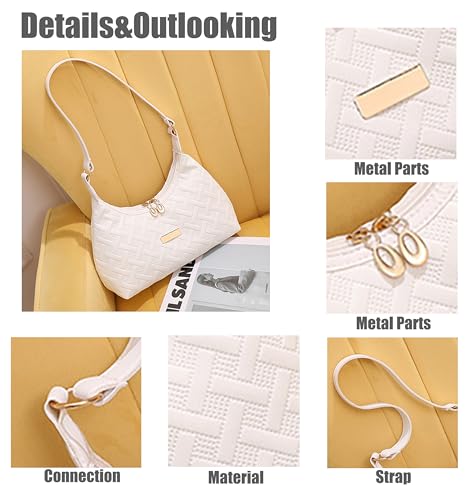 Image of PORT&LOTUS Hobo Purses for Women Small Under the Arm Shoulder Bag for Women PU Leather Crescent Handbag White Woven Bag with Two-way Zipper Closure Trendy Purse