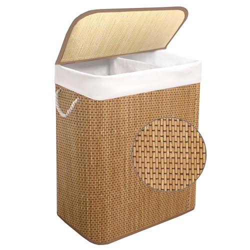 Knight Bamboo Laundry Hamper 105L Micro Weave Laundry Hamper - Dual Compartment Basket Removable & Washable Liner Foldable Natural for Bedroom & Bathroom(105L)