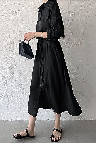 Image of Women Roll-Up Long Sleeve Button Down Shirt Midi Dress