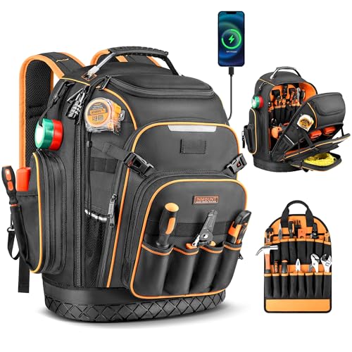 Tool Backpack, HVAC Tool Bag with Molded Base, Full Opening Electrician Tool Backpack for Men Heavy Duty, Tools Organizer Bags for Jobsite Work Handyman, Large Pockets & Combination Lock