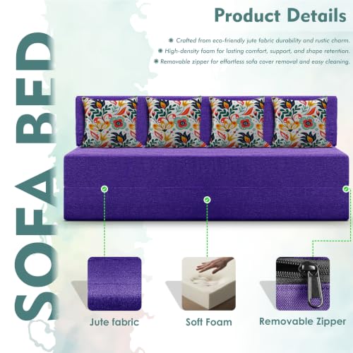 Image of Los Angeles Foldable Four Seater Sofa Cum Bed, Sofa Bed 6 X 6 Feet Jute Fabric Washable Cover- Including Cushion Perfect for Living Room - Purple