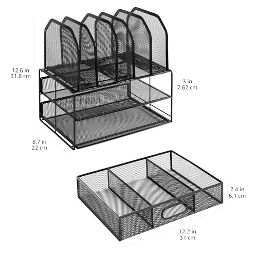 Amazon Basics Mesh Desk Organizer with Sliding Drawer, Double Tray and 5 Upright Sections, Black - Image 5