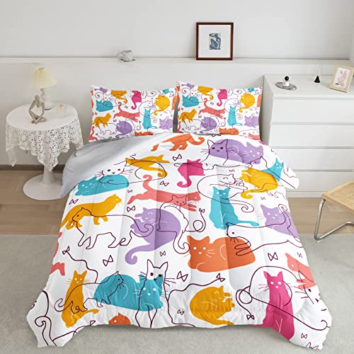 Bsntho Cartoon Cats Comforter Set Full Size Cute Bedding Sets Color And White Cats Comforter Set 3 Piece Girls Comforter With Cat Pillowcase Print For Girls Room #TOP2