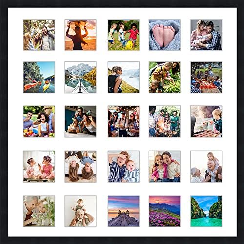 CountryArtHouse Black Collage Frame With Mat - 22x22 Frame For (25) 4" x 4" Photos - Black Matted Instagram 4x4 Collage Photo Frame with Mat with Multi Opening Picture Matte