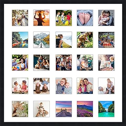 CountryArtHouse Black Collage Frame with Mat - 22x22 Solid Wood Frame for (25) 4" x 4" Photos - Black Matted Instagram 4x4 Collage Photo Frame with Mat with Multi Opening Picture Matte Cover