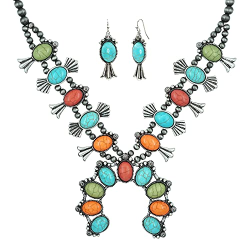 Collar de perlas Navajo de imitación de flor de calabaza de Naja de piedra turquesa y pendientes de gancho francés