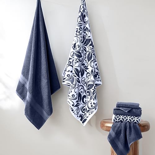 Image of Modern Threads 6 Piece Bath Towel Set - Bathroom Set with 2 Bath Towels, 2 Hand Towels, and 2 Wash Cloths - 100% Cotton, Super Absorbent & Extra Soft - Reversible Botanical Vine (Navy)