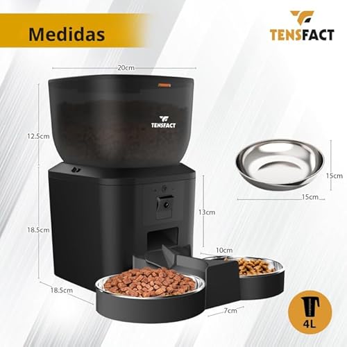 Tensfact Comedero Automático para Gatos y Perros Pequeños con Cámara HD 1080P y Visión Nocturna, 4L, Control por App WiFi, Cuenco Doble de Acero Inoxidable, Programable - imagen 7