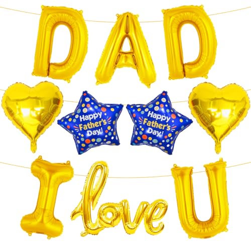 Fathers Day Balloons Set for Fathers Day Decorations 18Inch Gold Letter Foil Balloons with Ribbons Happy Fathers Day Foill Balloon for Dad Festival Birthday Party Family Gathering