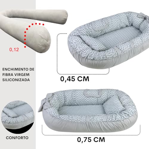 Ninho redutor de berço portatil para bebe com laço e travesseiro - Chevron Cinza