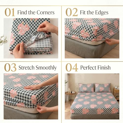 Image of VAS COLLECTIONS King Size Cotton Fitted Bedsheet (78 x 72 + 14 Inches) with Deep Pocket | 220 TC Soft Breathable Wrinkle Free Elastic Bed Sheet for King Mattress | (Pink Flower)
