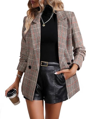 Happy Sailed Women’s Plaid Blazer Classic Lapel Collar Double Breasted Open Front Blazers Jackets Work Suit with Pockets